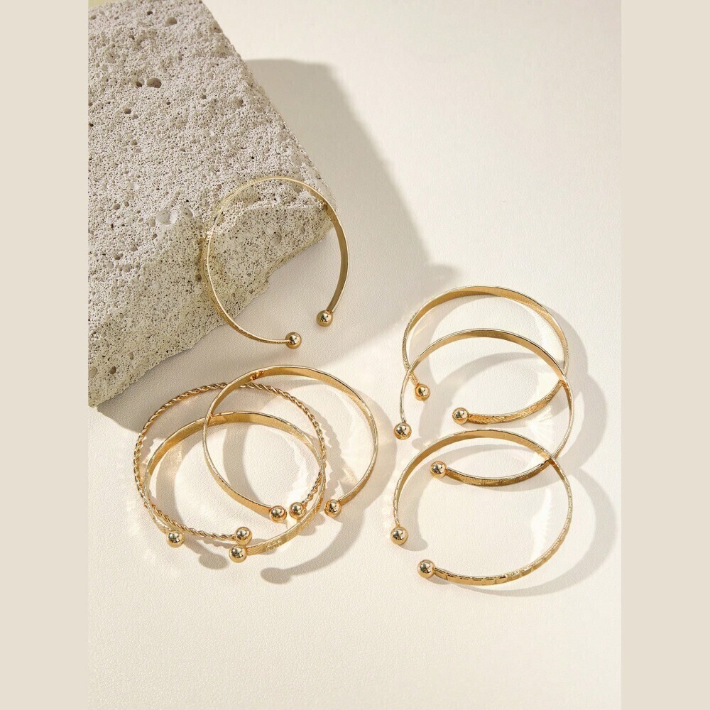Gold Cuff Bangle Set - Twisted & Ball Bead Bracelets